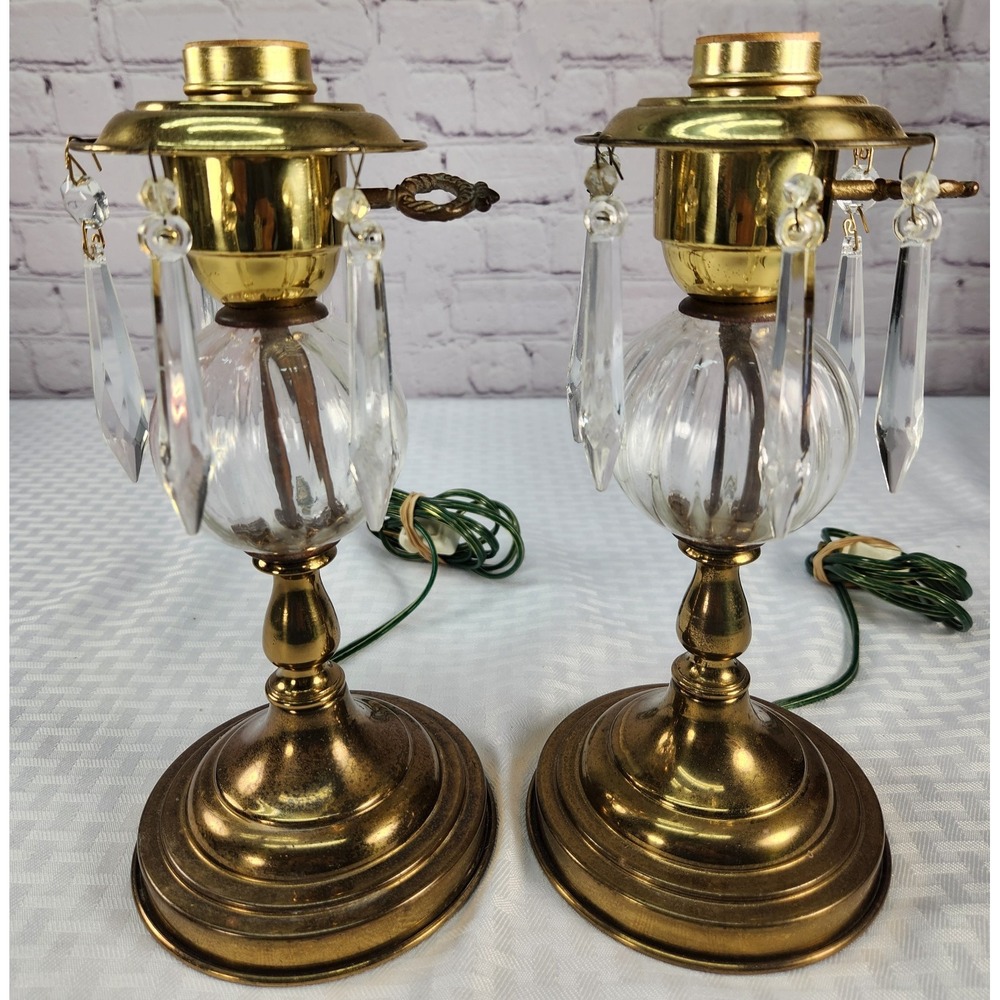 Vintage Brass Boudoir Lamps Set Prism Drops Brass Bases  Hollywood Regency